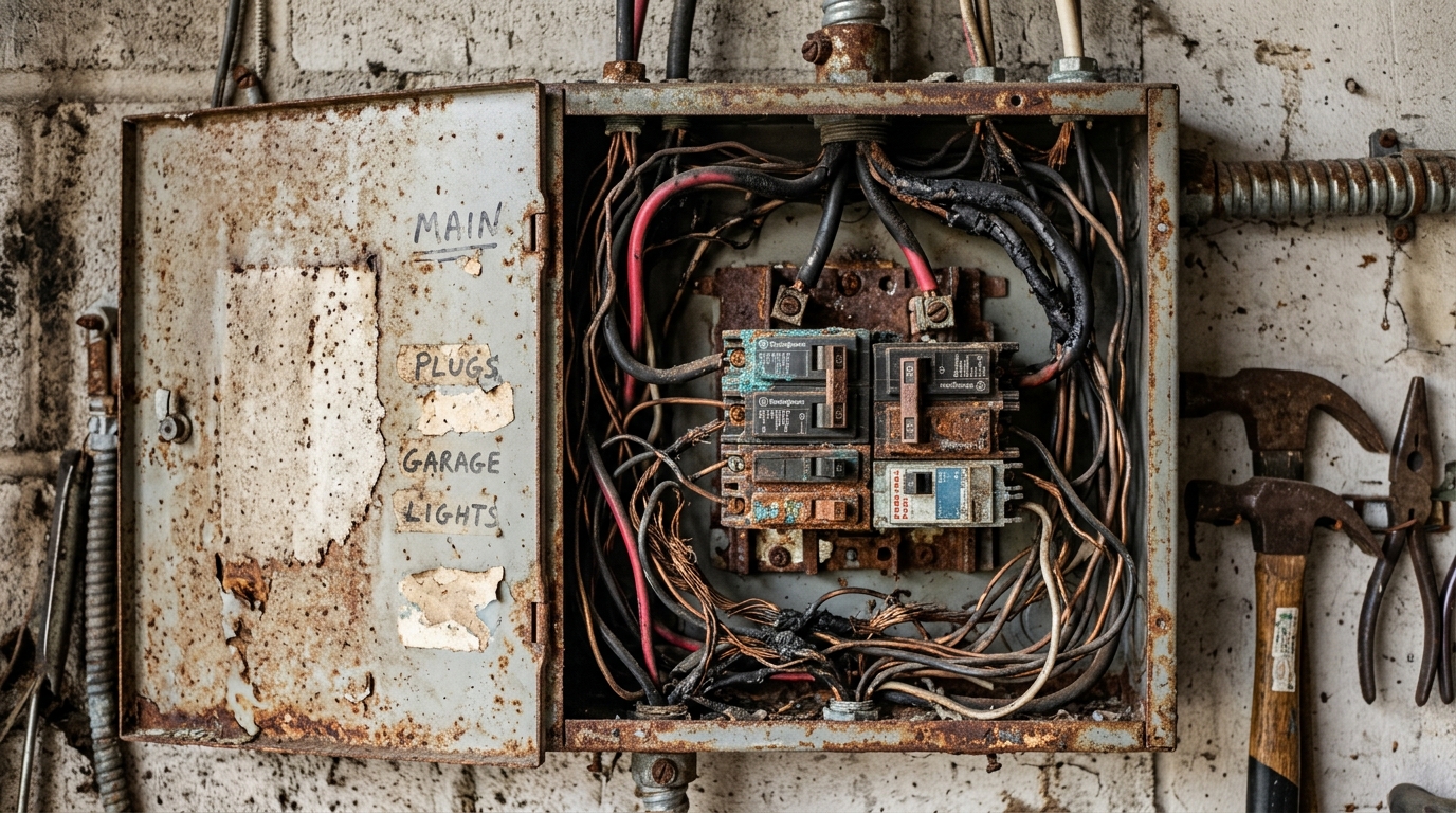 Dangerous Rusted Breaker Panel Before Replacement